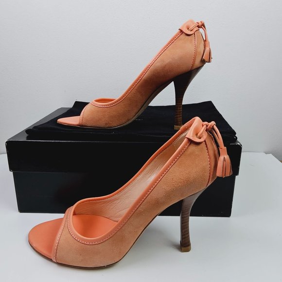 Giuseppe Zanotti Design TAK 90 Sandolo Peach Peep Toe Suede 4" Heels, 6B - Picture 2 of 11